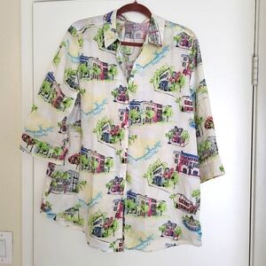 Chico Blouse Size 2 Atlantic Buildings No Iron Linen Comfy
